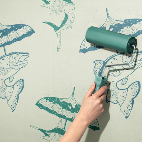 Drizzle & Fins | Fun Playful Fish with Umbrellas Vintage Wallpaper Wallpaper Sckribbles