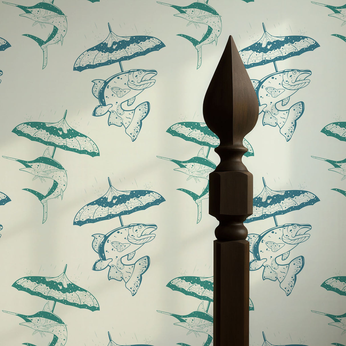 Drizzle & Fins | Fun Playful Fish with Umbrellas Vintage Wallpaper Wallpaper Sckribbles