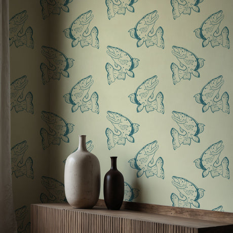 Vintage Catch | Fun Green & Cream Vintage Fish Wallpaper Wallpaper Sckribbles