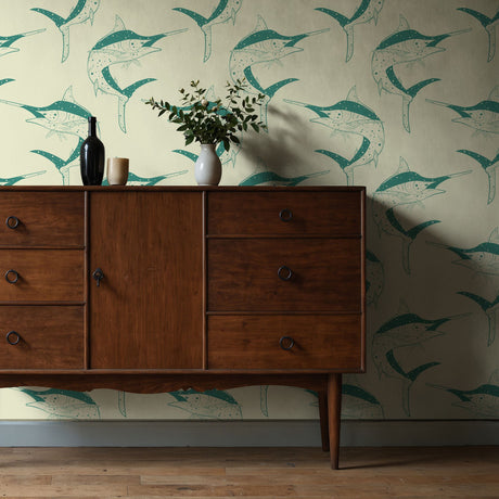 Sword & Sea | Fun Green & Cream Retro Vintage Swordfish Wallpaper Wallpaper Sckribbles