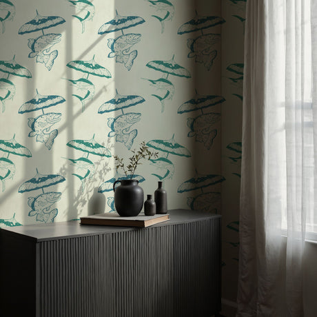 Drizzle & Fins | Fun Playful Fish with Umbrellas Vintage Wallpaper Wallpaper Sckribbles