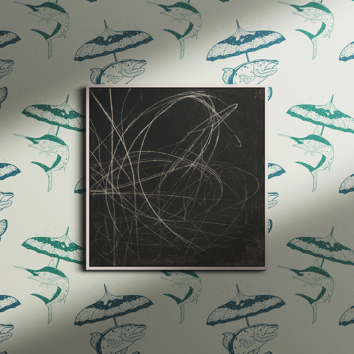 Drizzle & Fins | Fun Playful Fish with Umbrellas Vintage Wallpaper Wallpaper Sckribbles