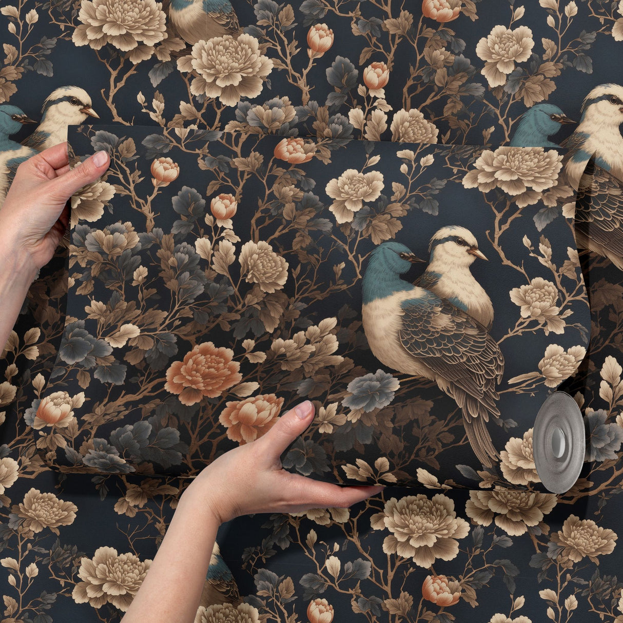 Oriental Flight | Dark Floral Bird Chinoiserie Wallpaper Wallpaper Sckribbles