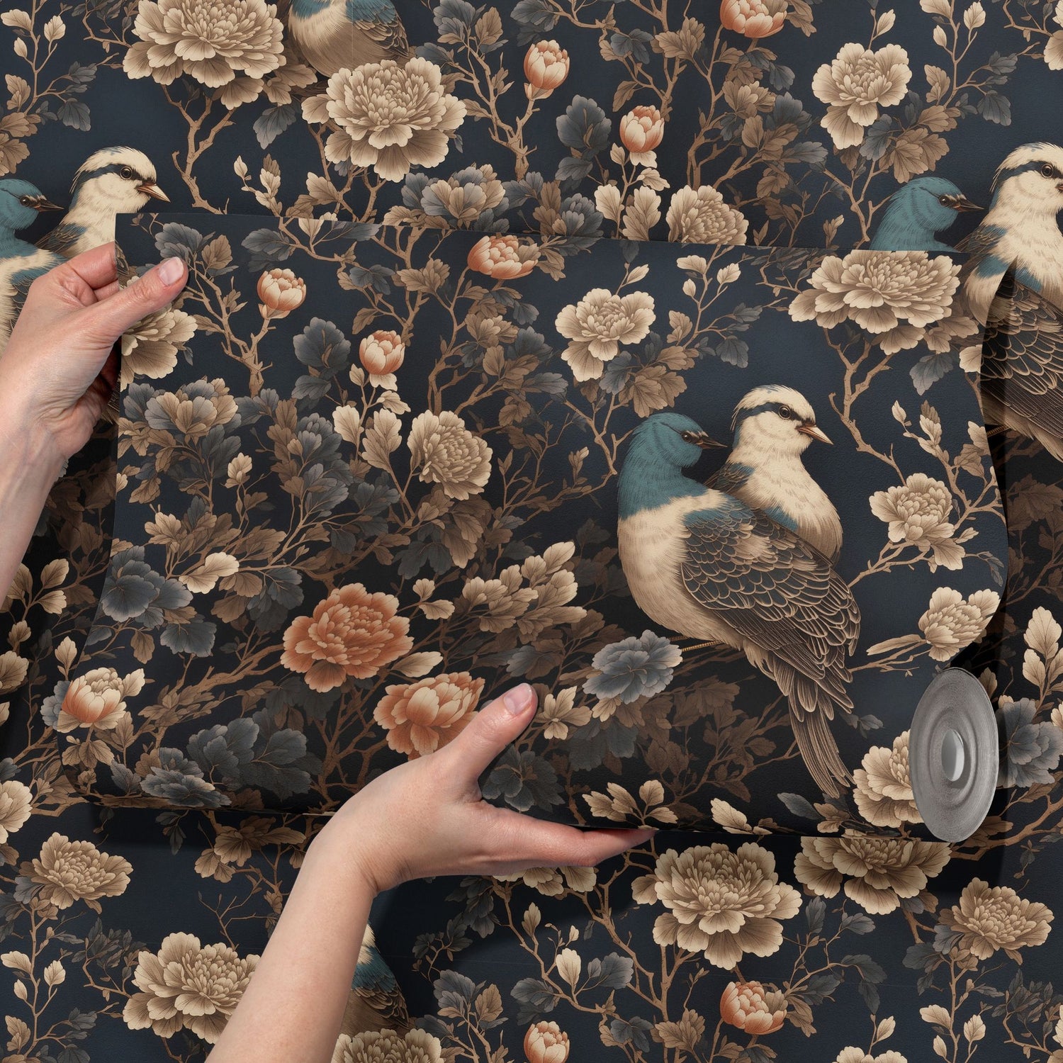 Oriental Flight | Dark Floral Bird Chinoiserie Wallpaper Wallpaper Sckribbles