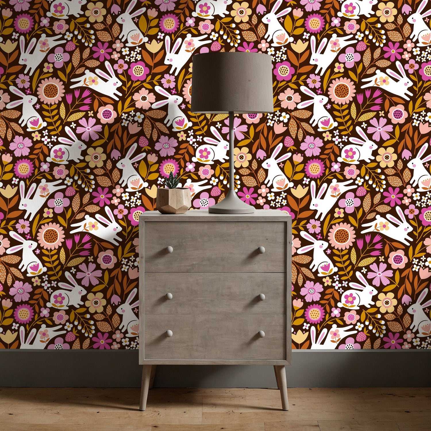 Hoppy Floral | Bright Colorful Floral Retro Rabbit Children's Wallpaper Wallpaper Sckribbles