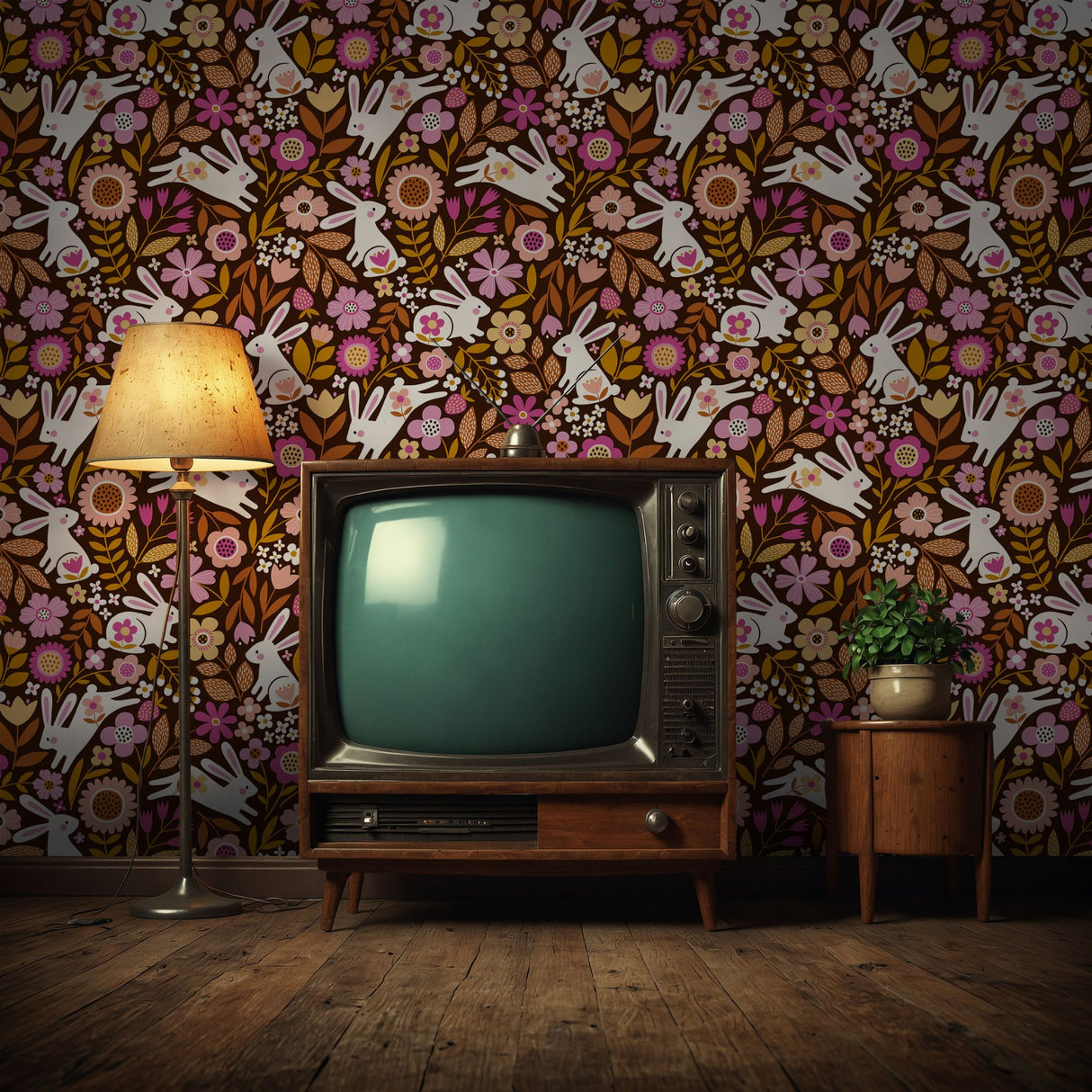 Hoppy Floral | Bright Colorful Floral Retro Rabbit Children's Wallpaper Wallpaper Sckribbles