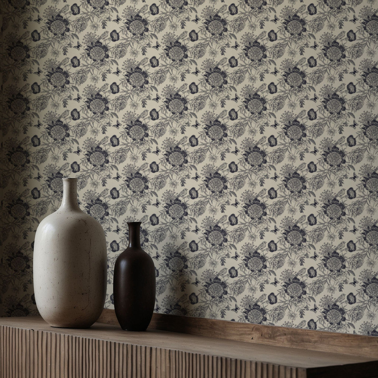 Petals & Plumage | Blue & Cream Monochrome Floral Bird Wallpaper Wallpaper Sckribbles