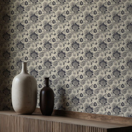 Petals & Plumage | Blue & Cream Monochrome Floral Bird Wallpaper Wallpaper Sckribbles