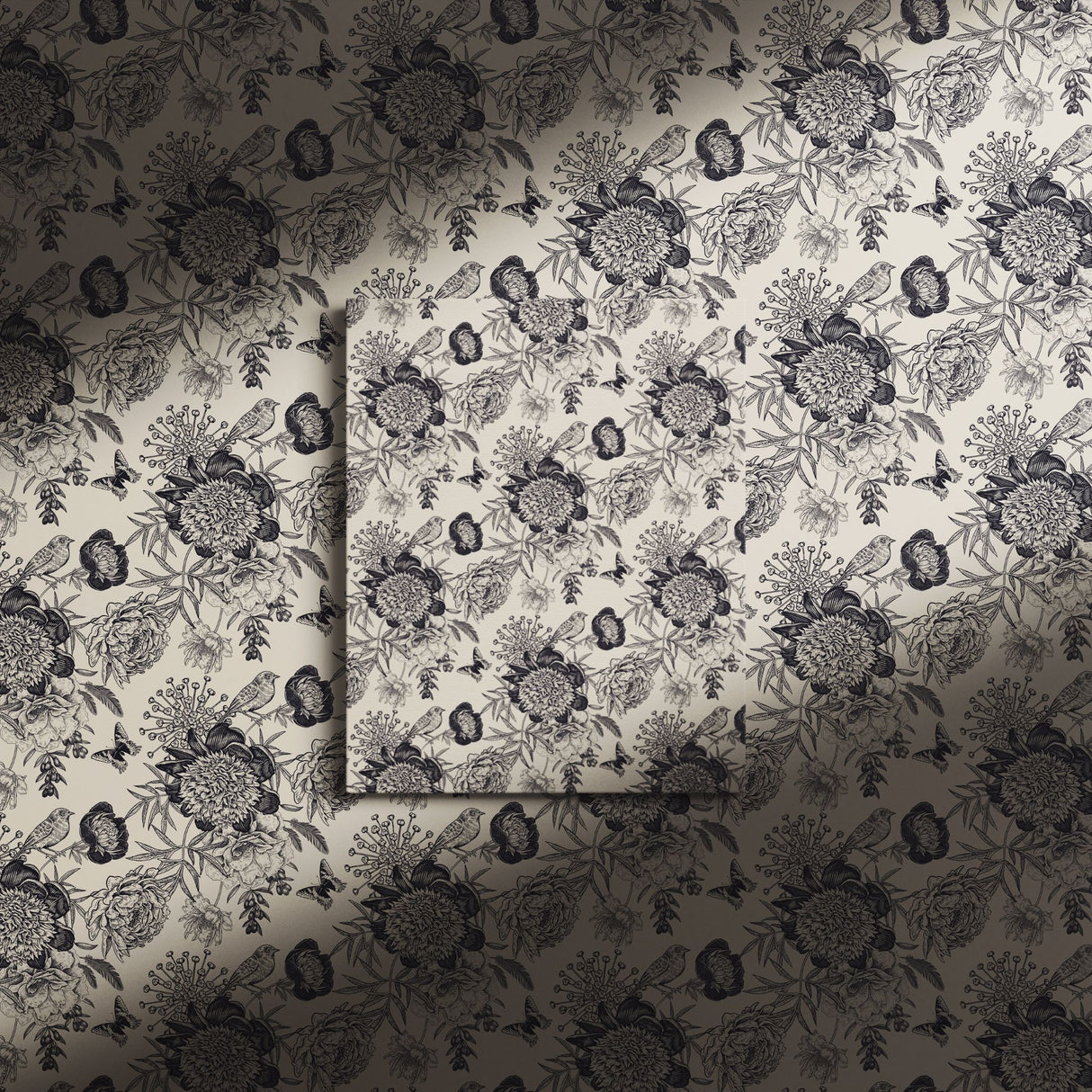 Petals & Plumage | Blue & Cream Monochrome Floral Bird Wallpaper Wallpaper Sckribbles