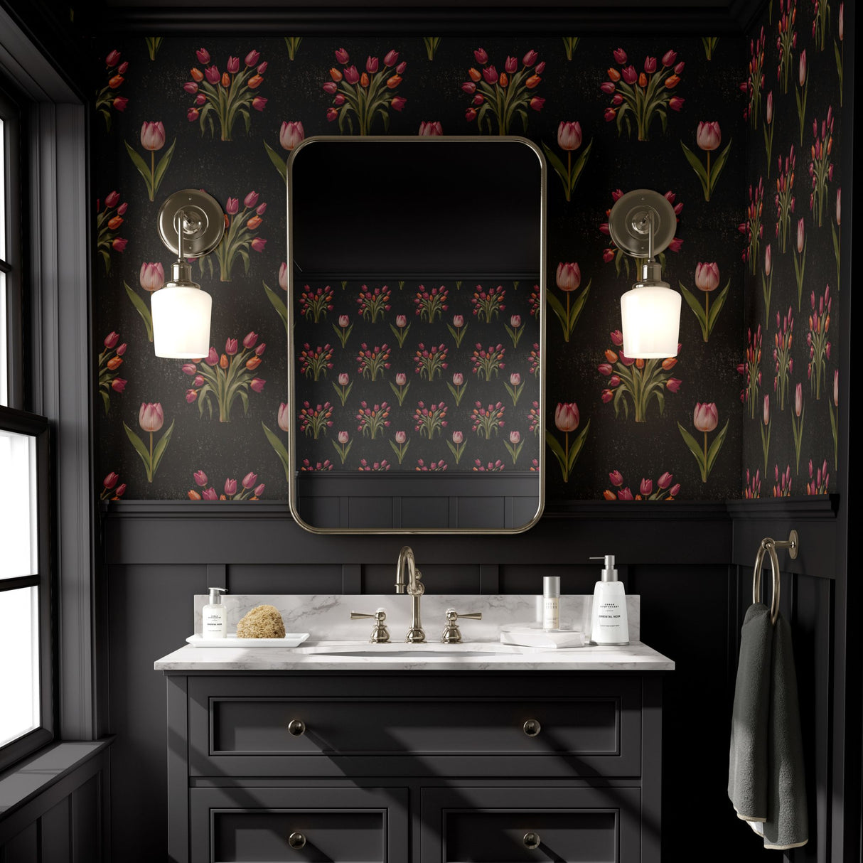 Botanical Bunch | Dark Moody Tulip Floral Wallpaper Wallpaper Sckribbles