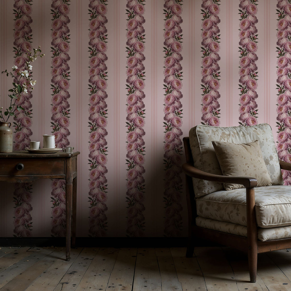 Feminine Flourish | Pink Striped Coquette Floral Peony Wallpaper Wallpaper Sckribbles