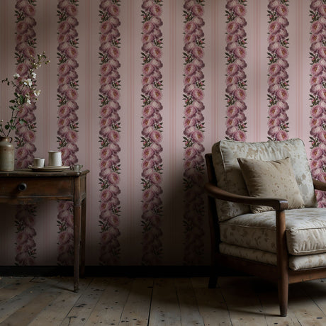 Feminine Flourish | Pink Striped Coquette Floral Peony Wallpaper Wallpaper Sckribbles