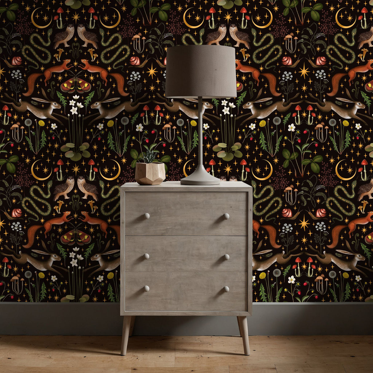 Mystic Forest | Dark Moody Whimsical Woodland Animal Wallpaper Wallpaper Sckribbles