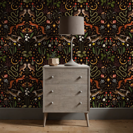 Mystic Forest | Dark Moody Whimsical Woodland Animal Wallpaper Wallpaper Sckribbles