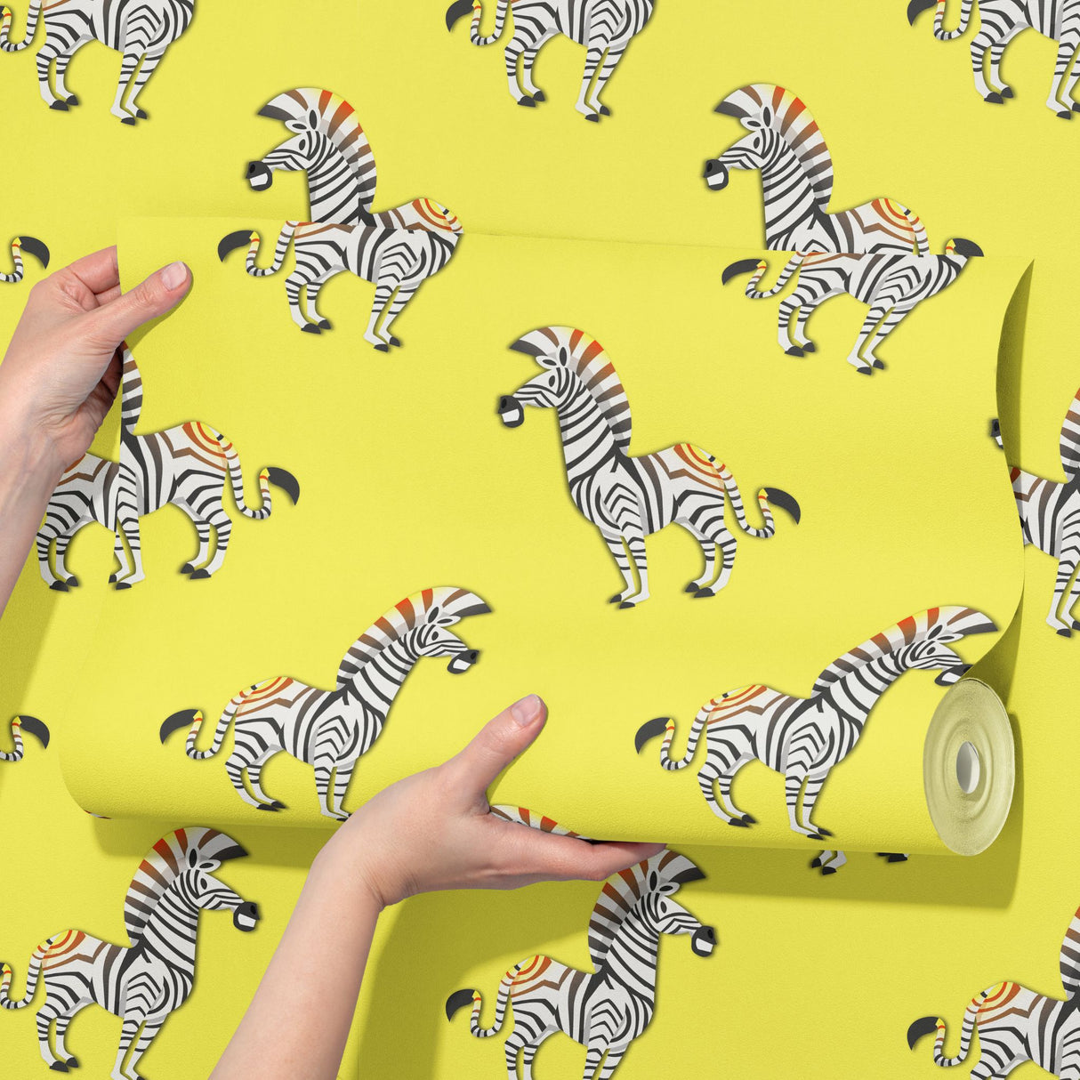 Tiny Trotters | Bold Bright Yellow Maximalist Zebra Wallpaper Wallpaper Sckribbles