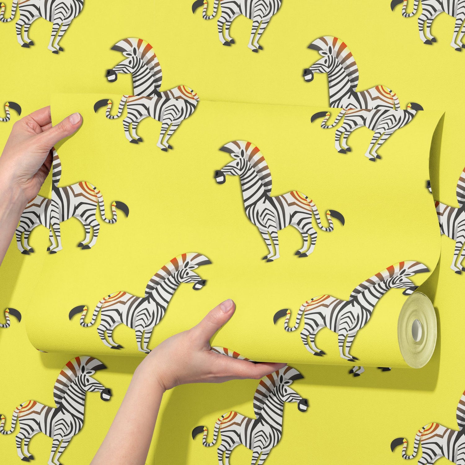 Tiny Trotters | Bold Bright Yellow Maximalist Zebra Wallpaper Wallpaper Sckribbles