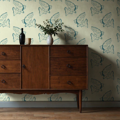 Vintage Catch | Fun Green & Cream Vintage Fish Wallpaper Wallpaper Sckribbles