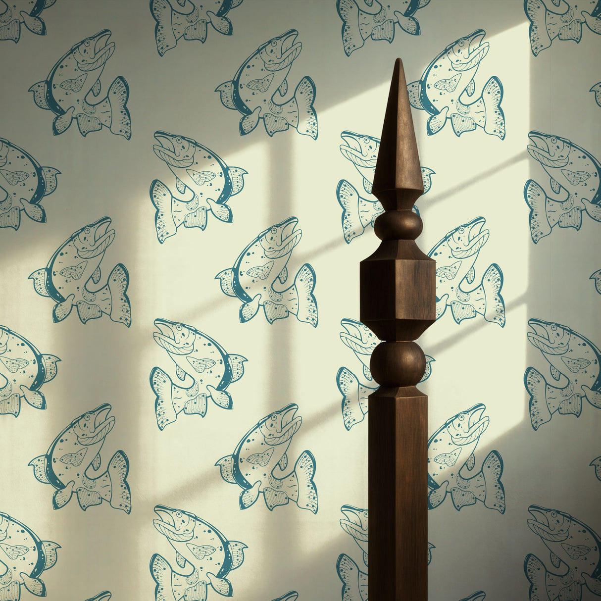 Vintage Catch | Fun Green & Cream Vintage Fish Wallpaper Wallpaper Sckribbles