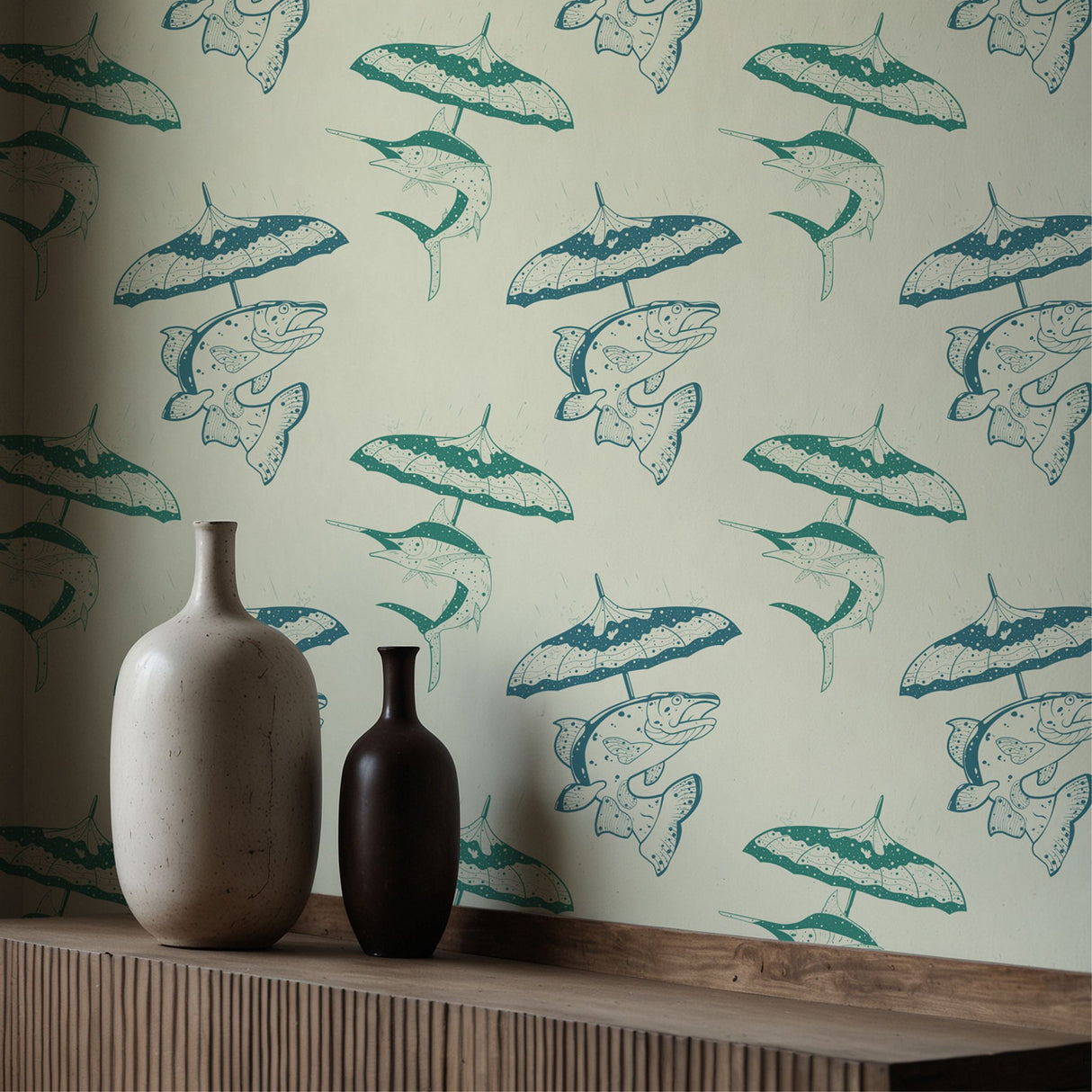 Drizzle & Fins | Fun Playful Fish with Umbrellas Vintage Wallpaper Wallpaper Sckribbles