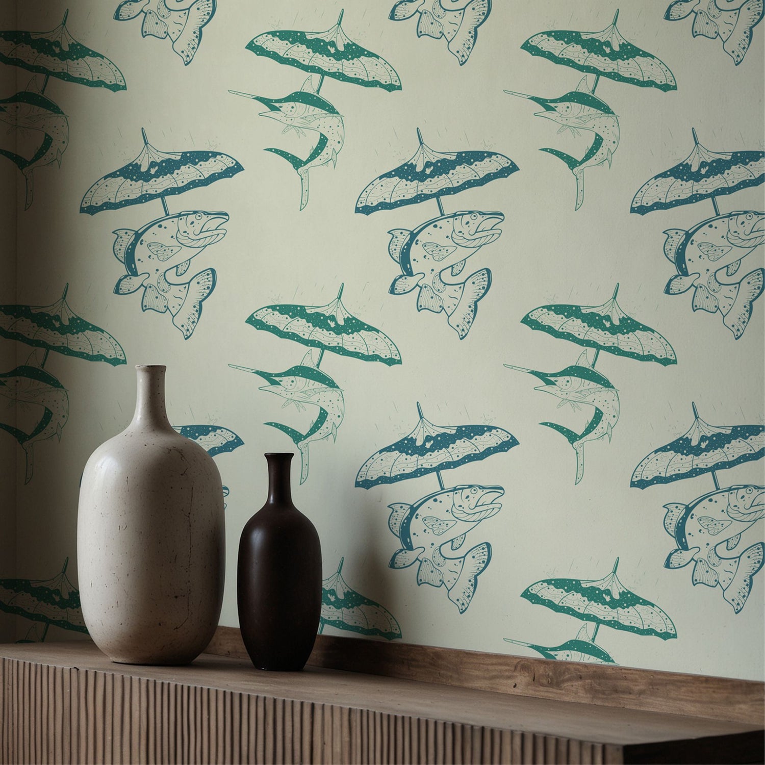 Drizzle & Fins | Fun Playful Fish with Umbrellas Vintage Wallpaper Wallpaper Sckribbles