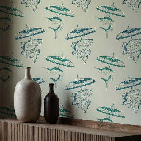 Drizzle & Fins | Fun Playful Fish with Umbrellas Vintage Wallpaper Wallpaper Sckribbles