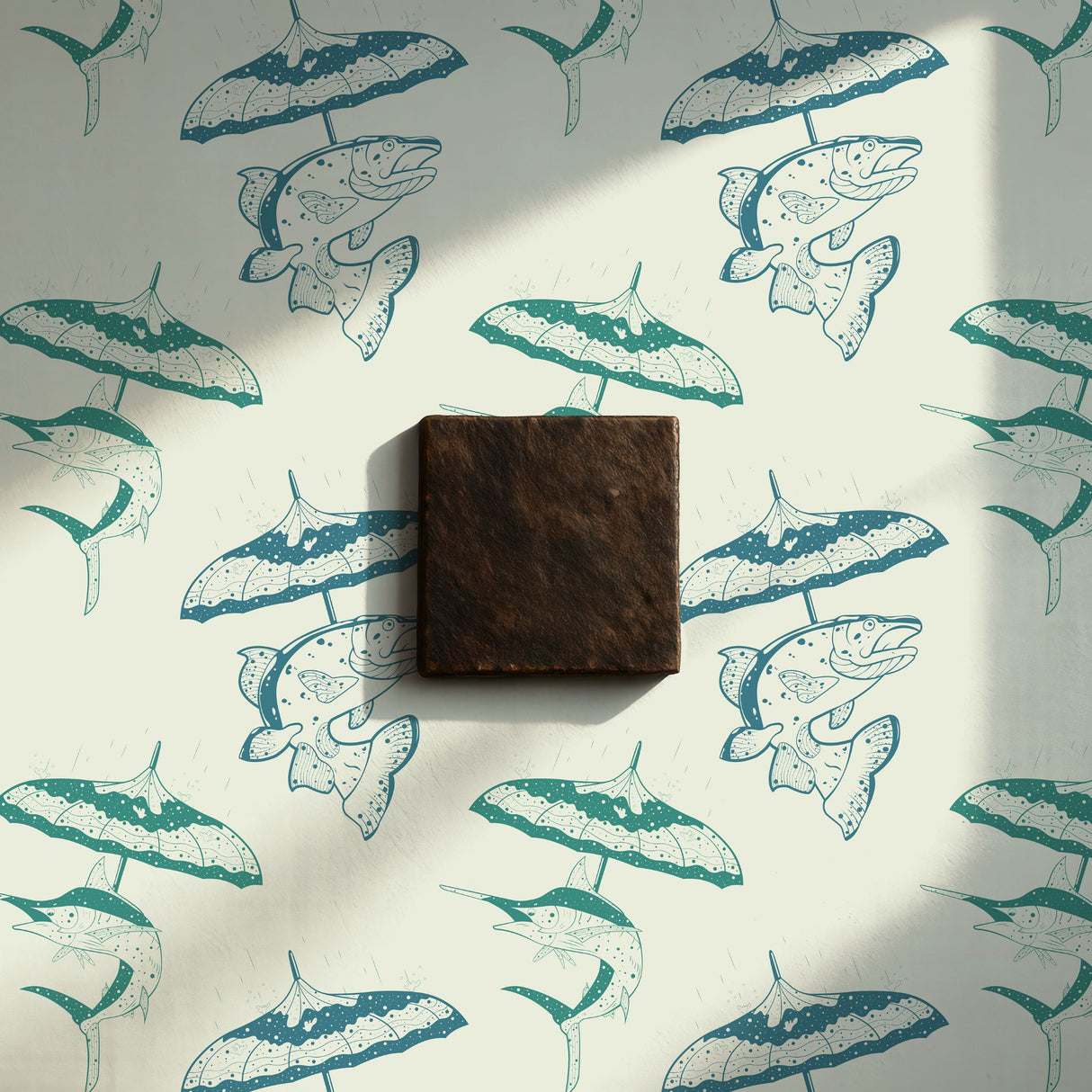 Drizzle & Fins | Fun Playful Fish with Umbrellas Vintage Wallpaper Wallpaper Sckribbles