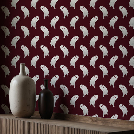 Haunted Whispers | Dark Maroon Spooky Ghost Halloween Wallpaper Wallpaper Sckribbles