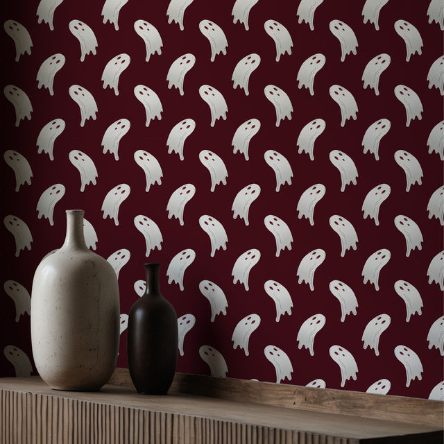 Haunted Whispers | Dark Maroon Spooky Ghost Halloween Wallpaper Wallpaper Sckribbles