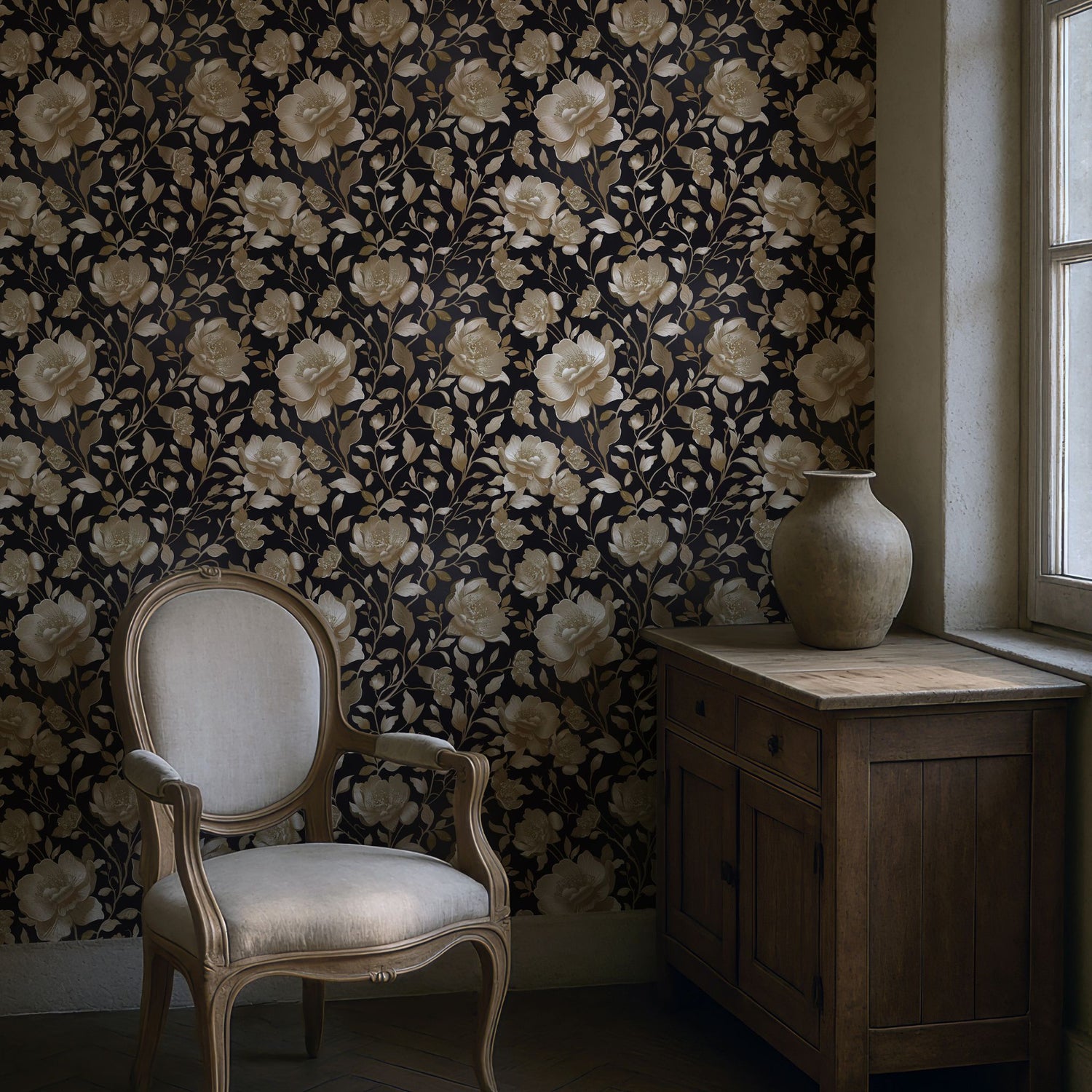 Eden Elegance | Gold Floral Luxury Chinoiserie Wallpaper Wallpaper Sckribbles