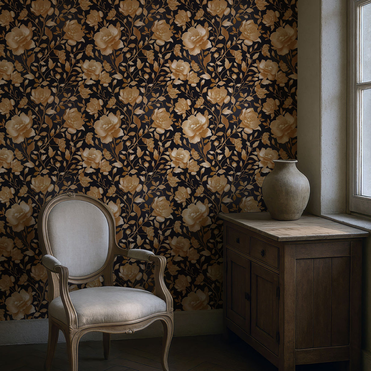 Eden Elegance | Gold Floral Luxury Chinoiserie Wallpaper Wallpaper Sckribbles