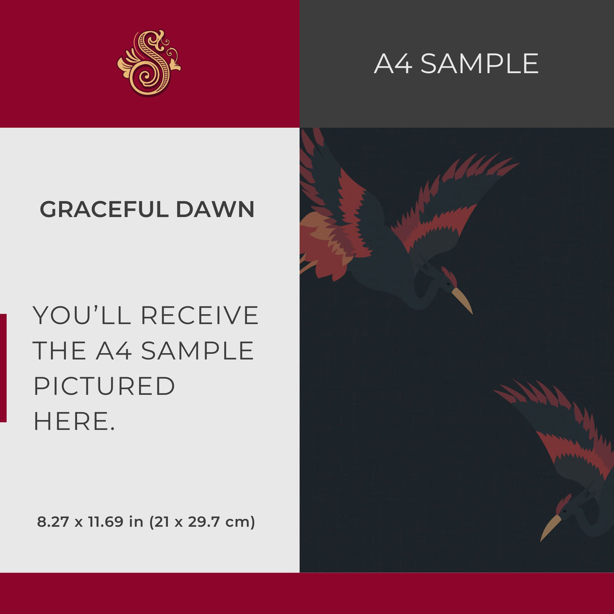 Graceful Dawn | Dark Blue & Red Asian Crane Wallpaper