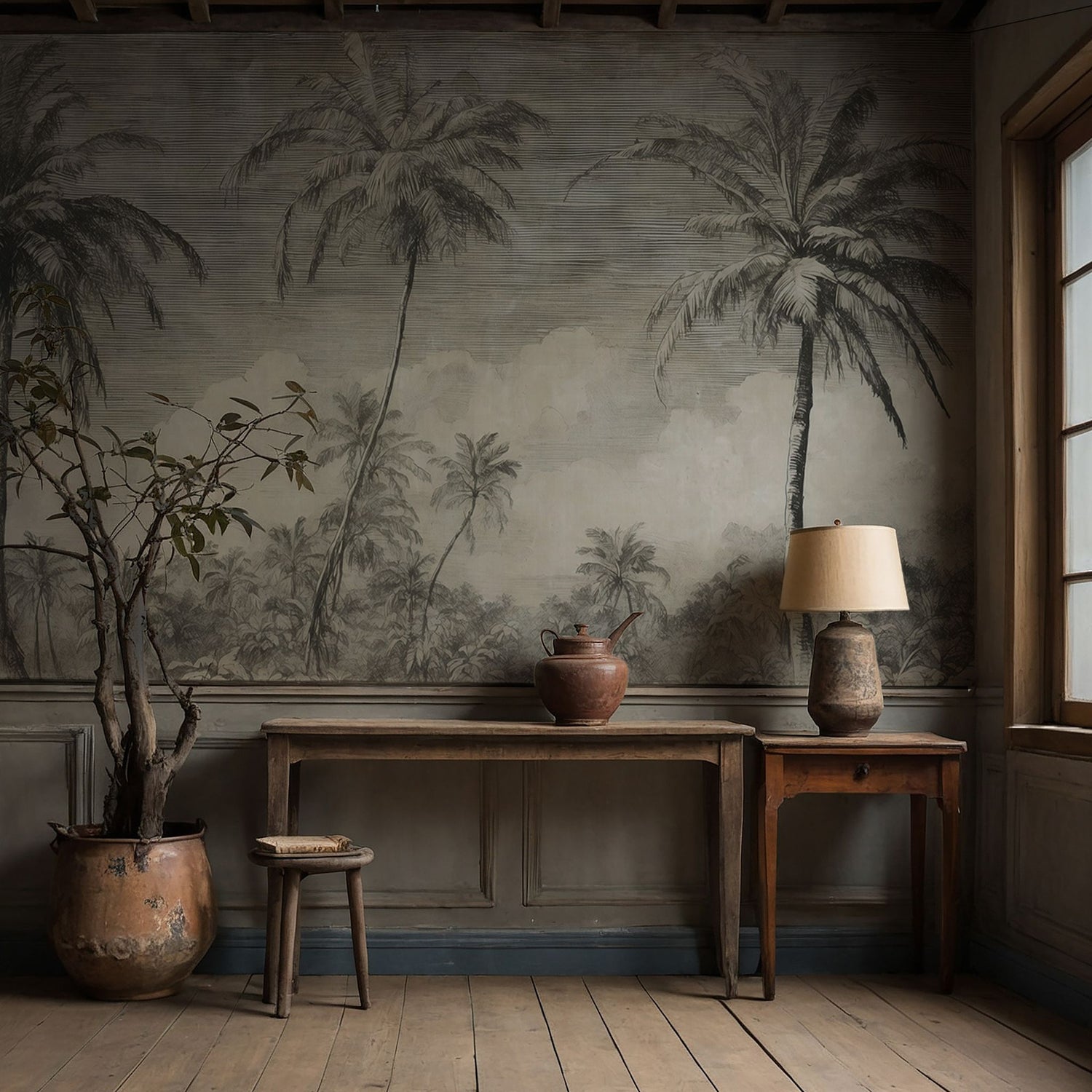 Monochrome Jungle | Gray Palm Trees Tropical Wallpaper Mural Wallpaper Mural Sckribbles