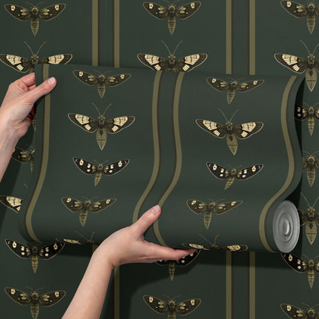 Moss Moths | Dark Khaki Green Striped Insect Wallpaper Wallpaper Sckribbles