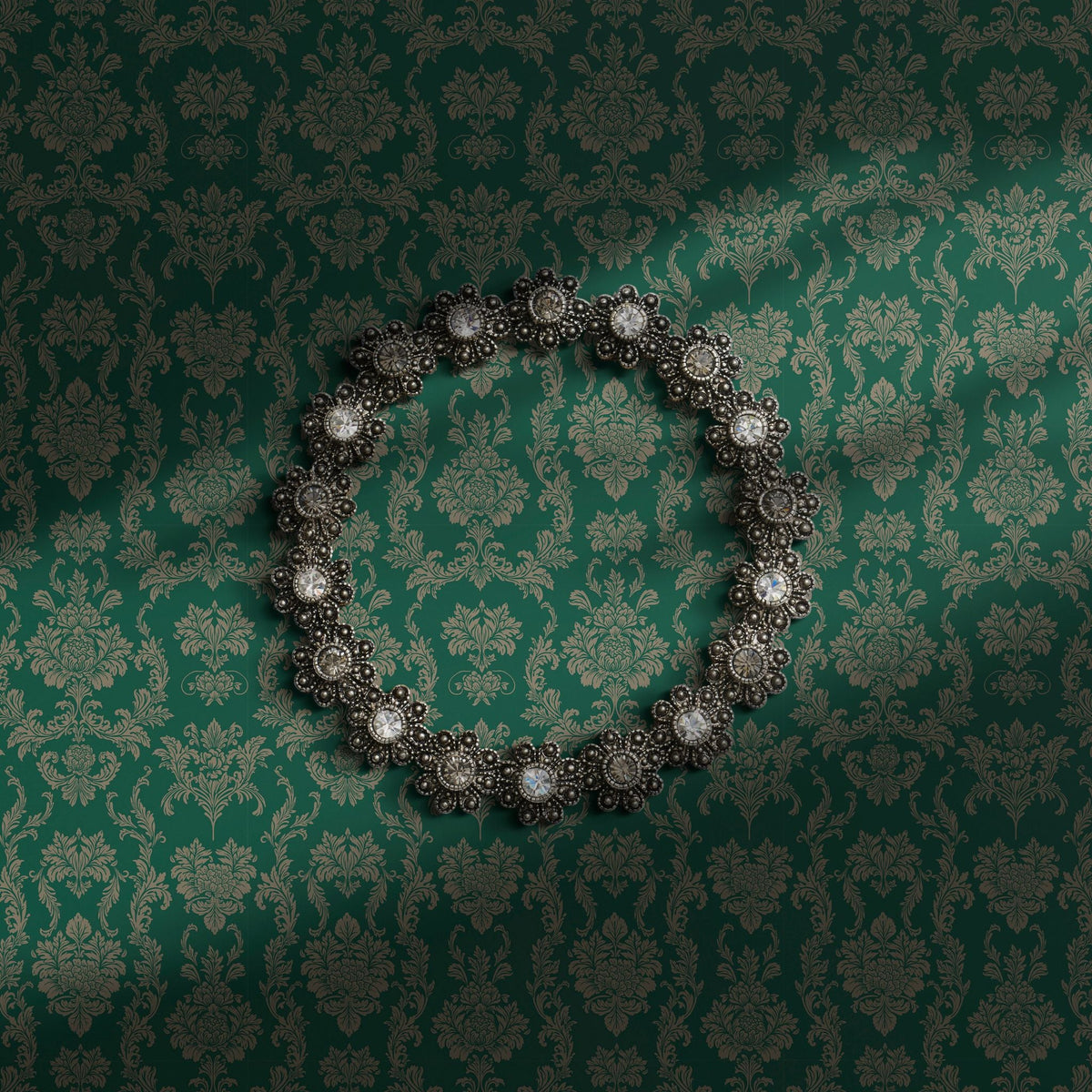 Green damask wallpaper.