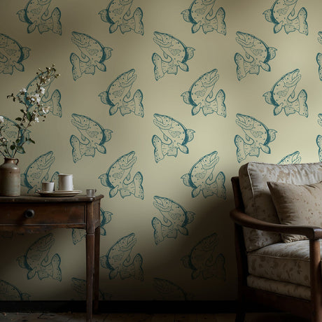 Vintage Catch | Fun Green & Cream Vintage Fish Wallpaper Wallpaper Sckribbles