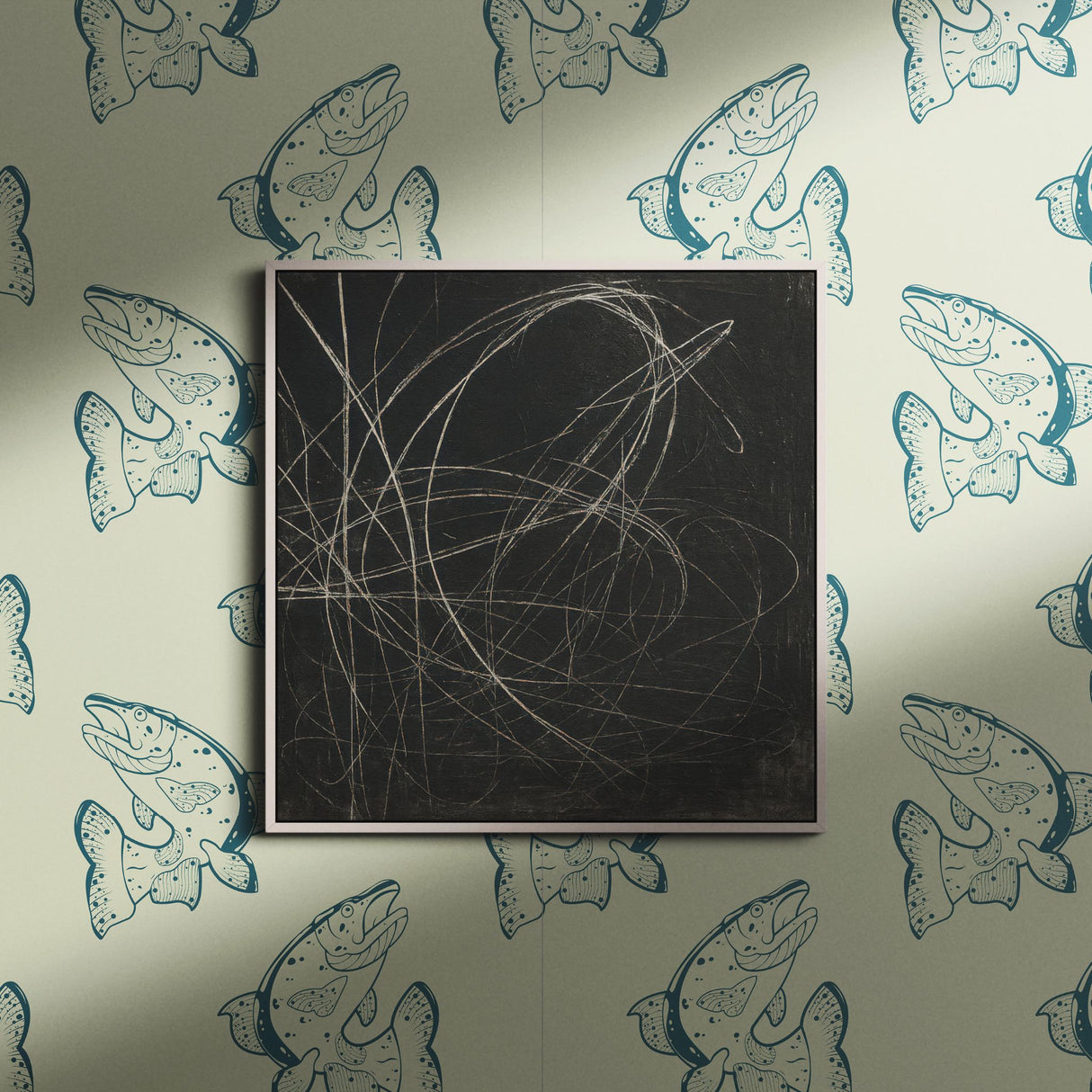 Vintage Catch | Fun Green & Cream Vintage Fish Wallpaper Wallpaper Sckribbles