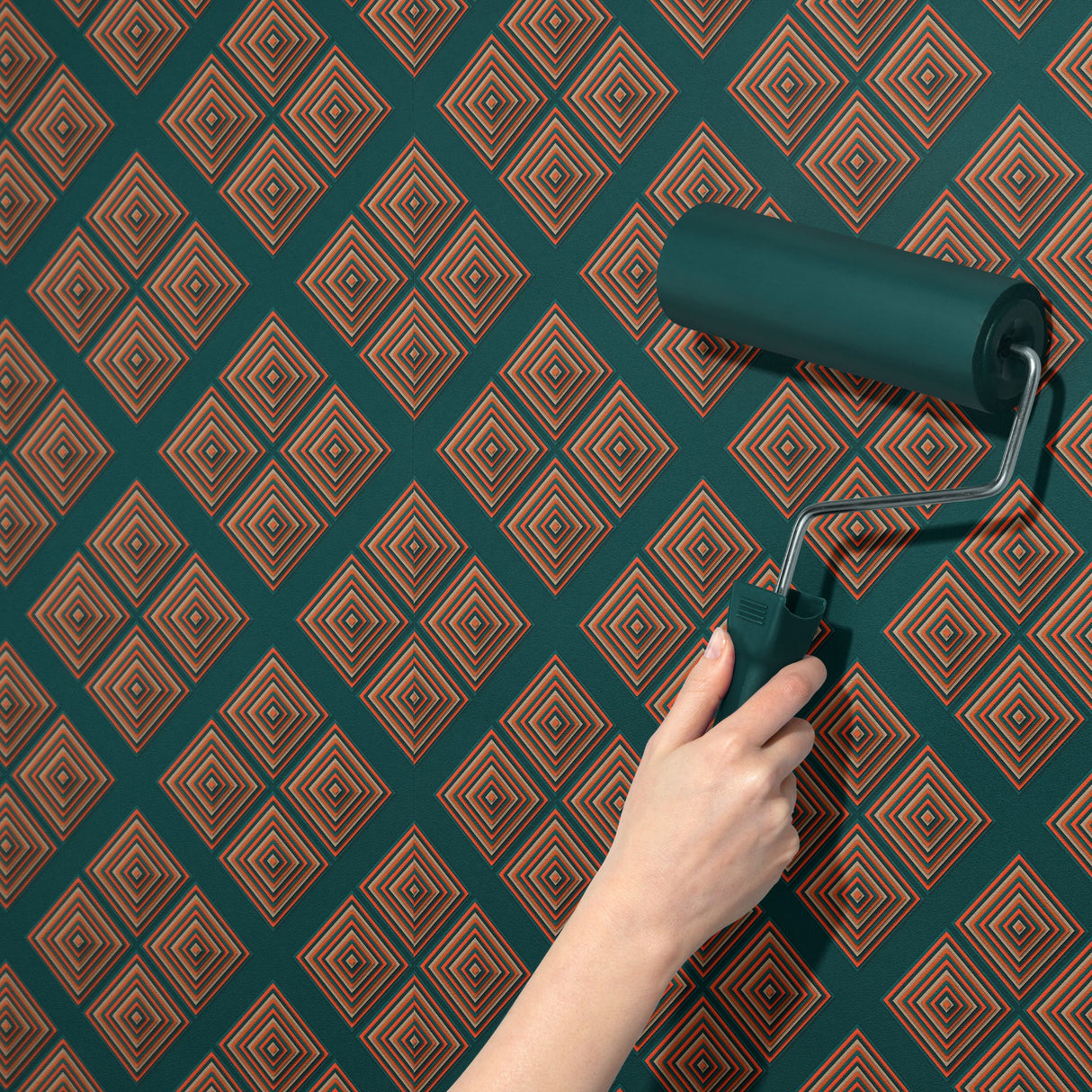 Illusory Luxe | Green & Bright Orange Geometrical Art Deco Wallpaper Wallpaper Sckribbles