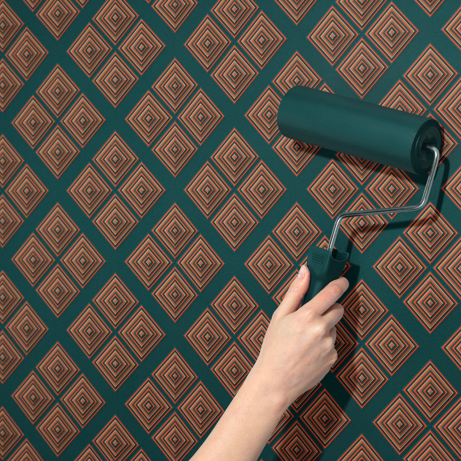 Illusory Luxe | Green & Bright Orange Geometrical Art Deco Wallpaper Wallpaper Sckribbles