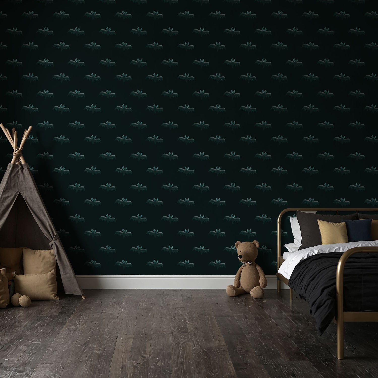 Flight of Frights | Dark Moody Blue Halloween Bat Wallpaper Wallpaper Sckribbles