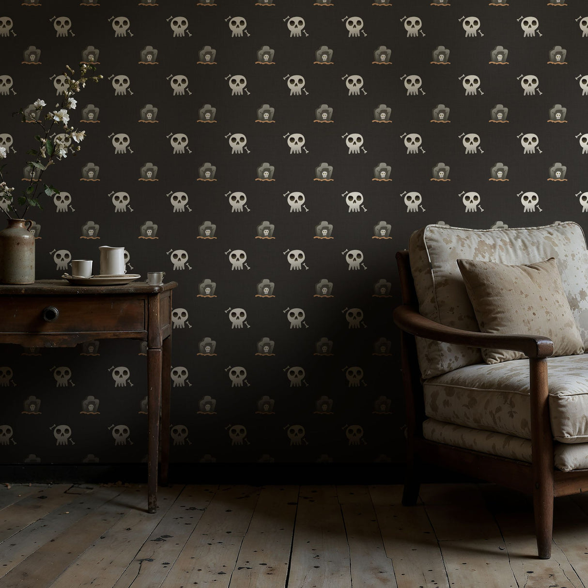 Midnight Bones | Dark Gray Halloween Skull & Grave Wallpaper Wallpaper Sckribbles