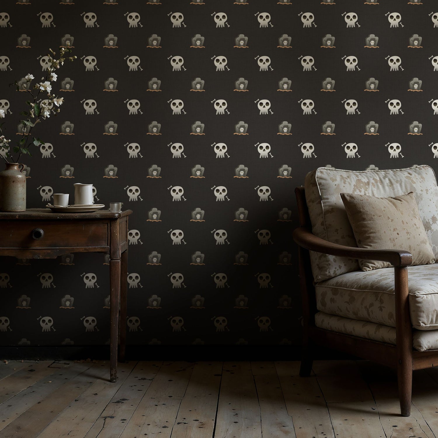 Midnight Bones | Dark Gray Halloween Skull & Grave Wallpaper Wallpaper Sckribbles