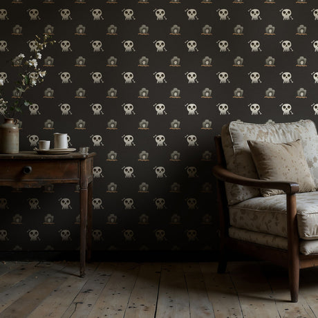 Midnight Bones | Dark Gray Halloween Skull & Grave Wallpaper Wallpaper Sckribbles