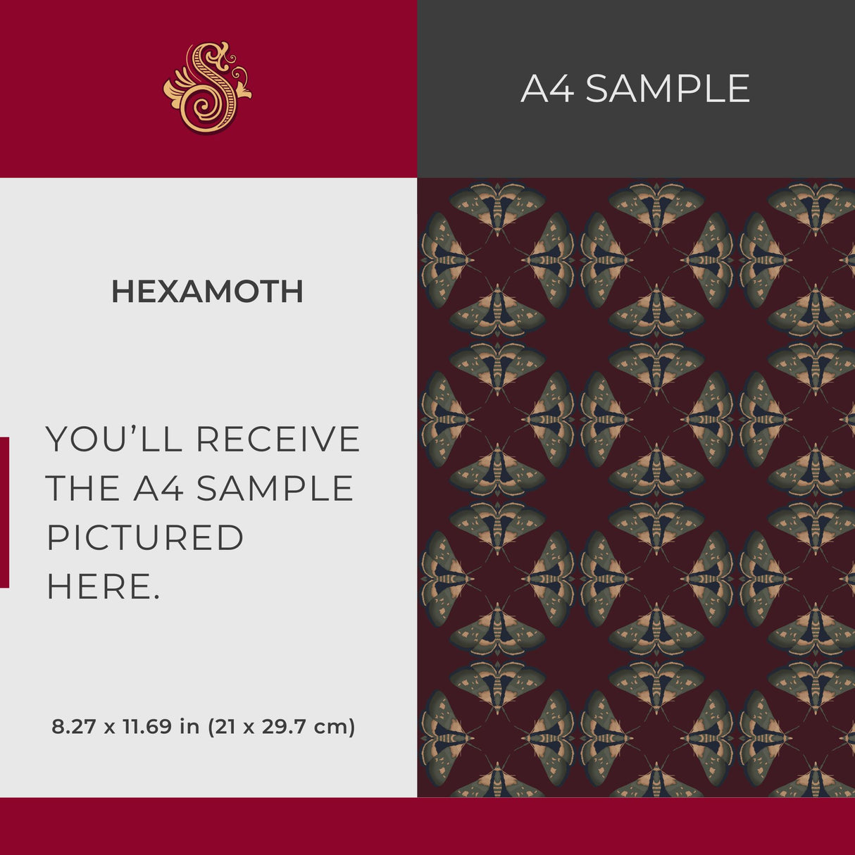 Moth Matrix | Moody Dark Academia Geometrical Moth Wallpaper Wallpaper Sckribbles Signature - Premium Non-Woven A4 Sample - 8.3 × 11.7 in (21 × 29.7 cm) HexaMoth