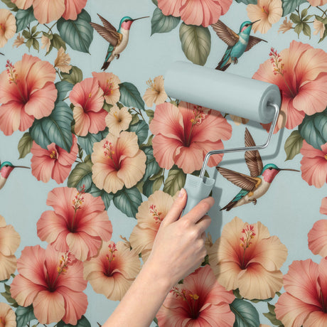 Whimsy & Bloom | Tropical Pastel Hibiscus & Hummingbird Nursery Wallpaper Wallpaper Sckribbles