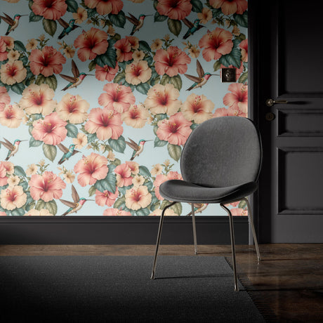 Whimsy & Bloom | Tropical Pastel Hibiscus & Hummingbird Nursery Wallpaper Wallpaper Sckribbles