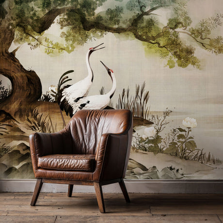Gentle Cranes | Vintage Japanese Bird Wallpaper Mural Wallpaper Mural Sckribbles