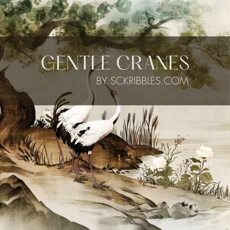 Gentle Cranes | Vintage Japanese Bird Wallpaper Mural Wallpaper Mural Sckribbles