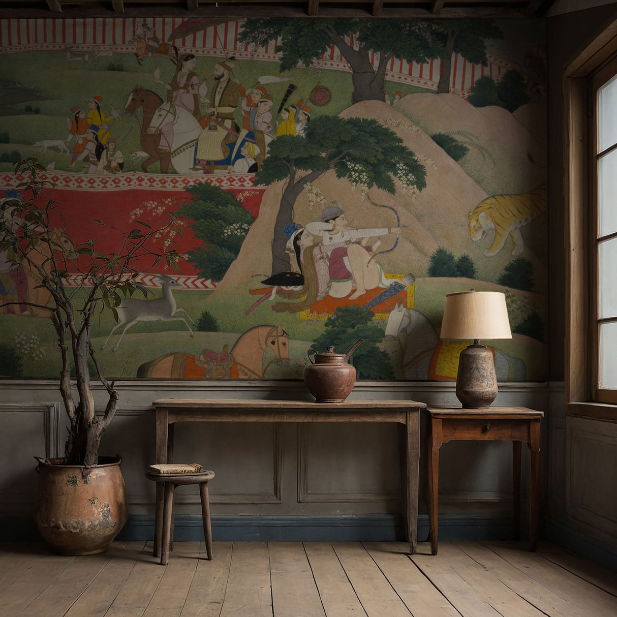 The Hunt | Scenic Traditional Indian Landscape Wallpaper Mural Wallpaper Mural Sckribbles