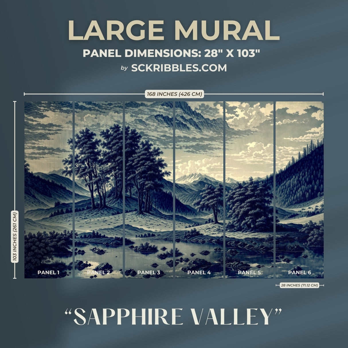 Sapphire Valley | Blue Scenic Landscape Wallpaper Mural Wallpaper Mural Sckribbles