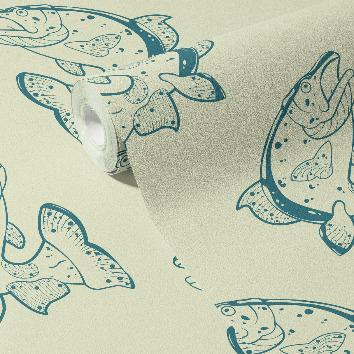 Vintage Catch | Fun Green & Cream Vintage Fish Wallpaper Wallpaper Sckribbles